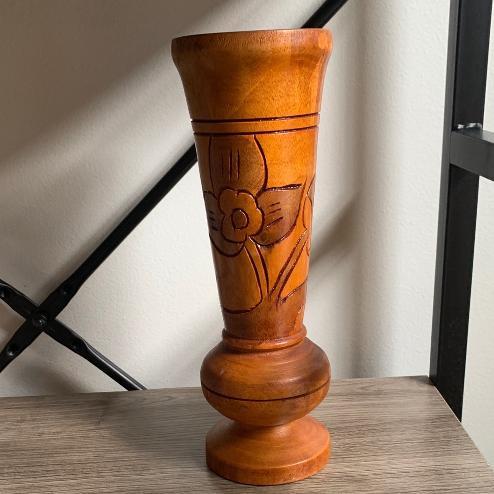 Handcrafted Wooden Vase w/Flower